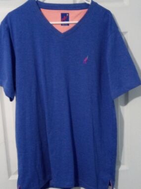 Michaels Blue V-Neck Short Sleeve Tee with Pink Logo